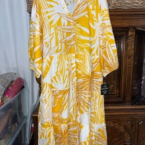 Mlle Gabrielle Yellow and White Tropical Midi Dress NEW!